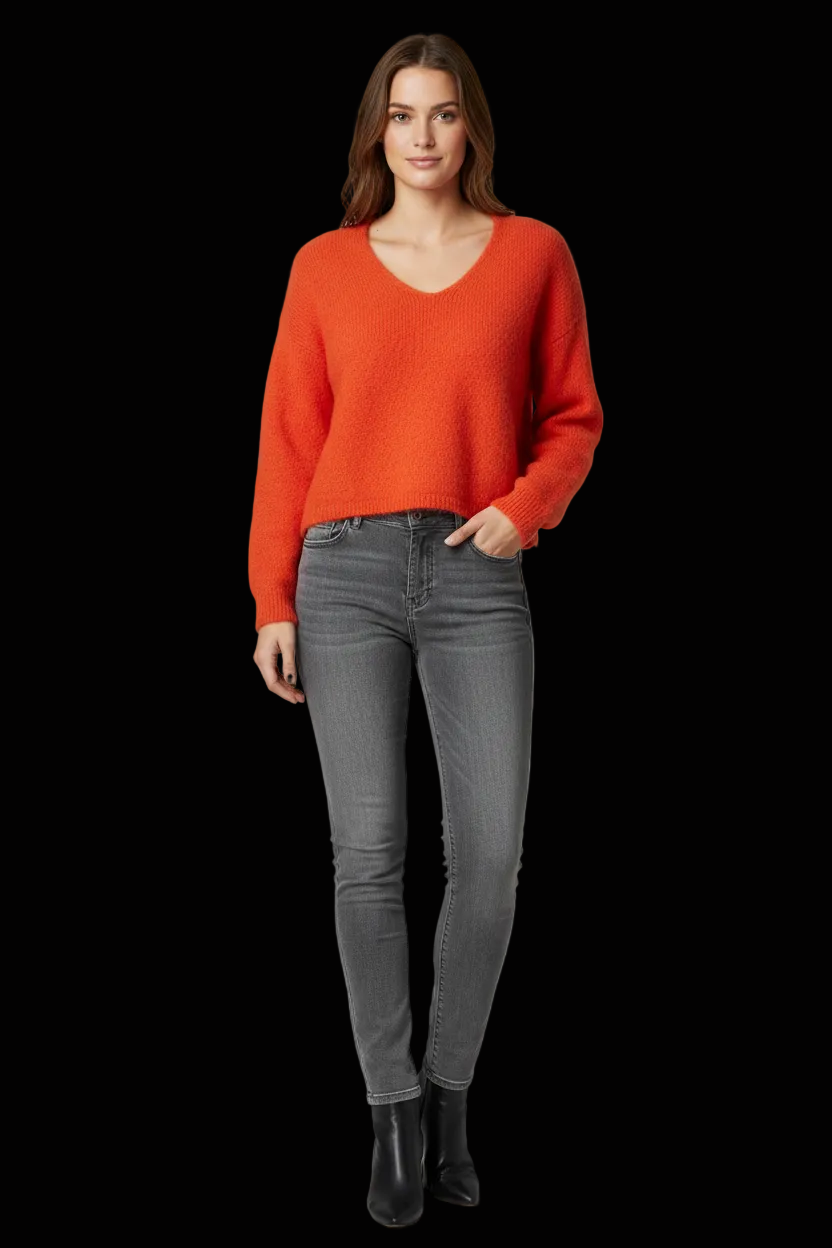Closed orange alpaca boatneck sweater side view on mannequin