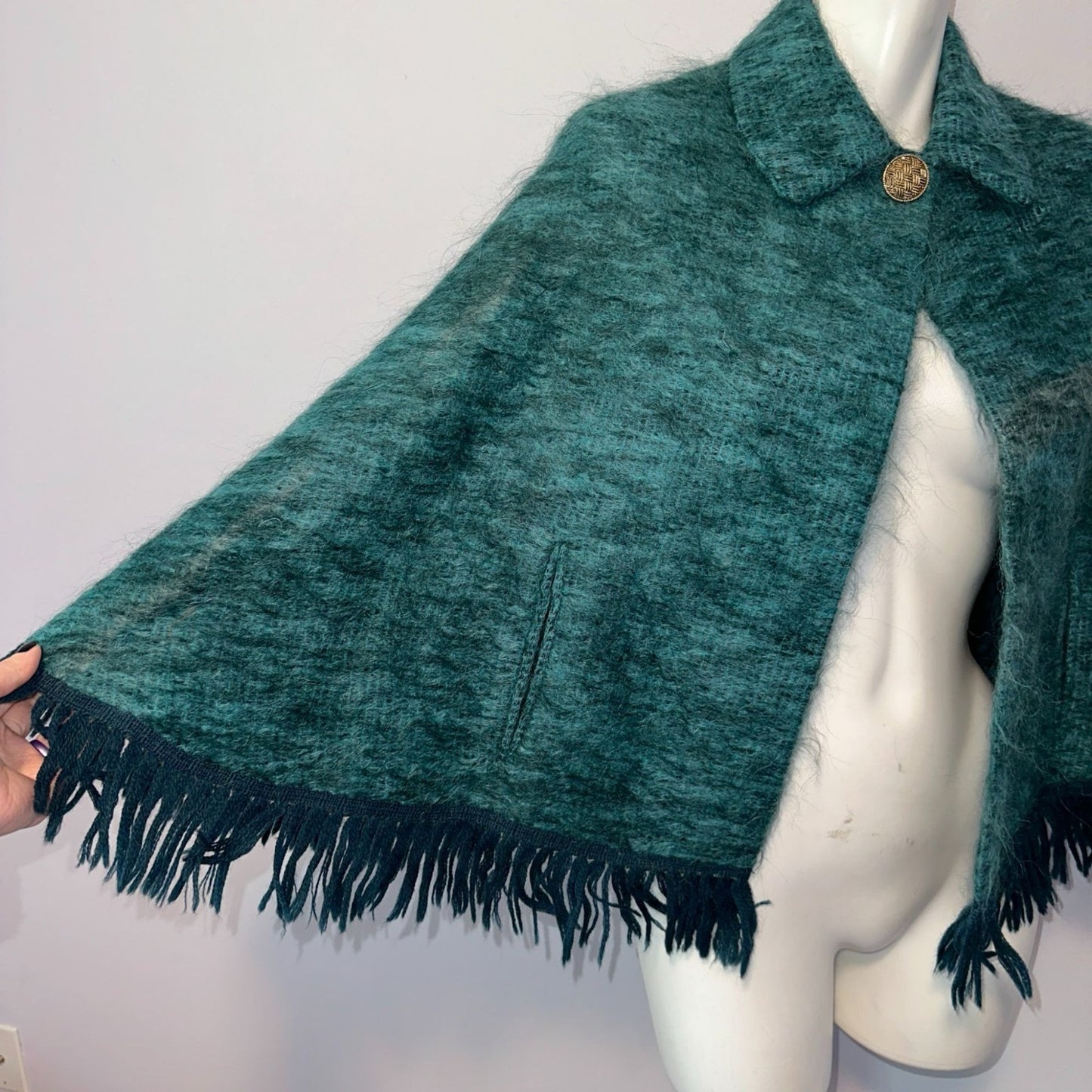 Andrew Stewart Mohair and Wool Cape – Green Fringed Poncho – Made in Scotland – One size