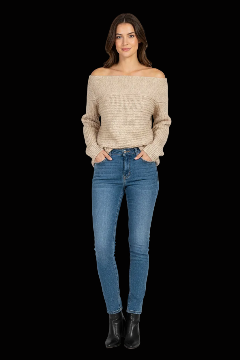 Club Monaco cream alpaca camel hair boatneck sweater front view on mannequin