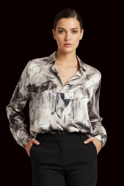 Barbara Bui silk button-front shirt with abstract marbled print — rent from Laura Messerschmitt, Berlin stylist
