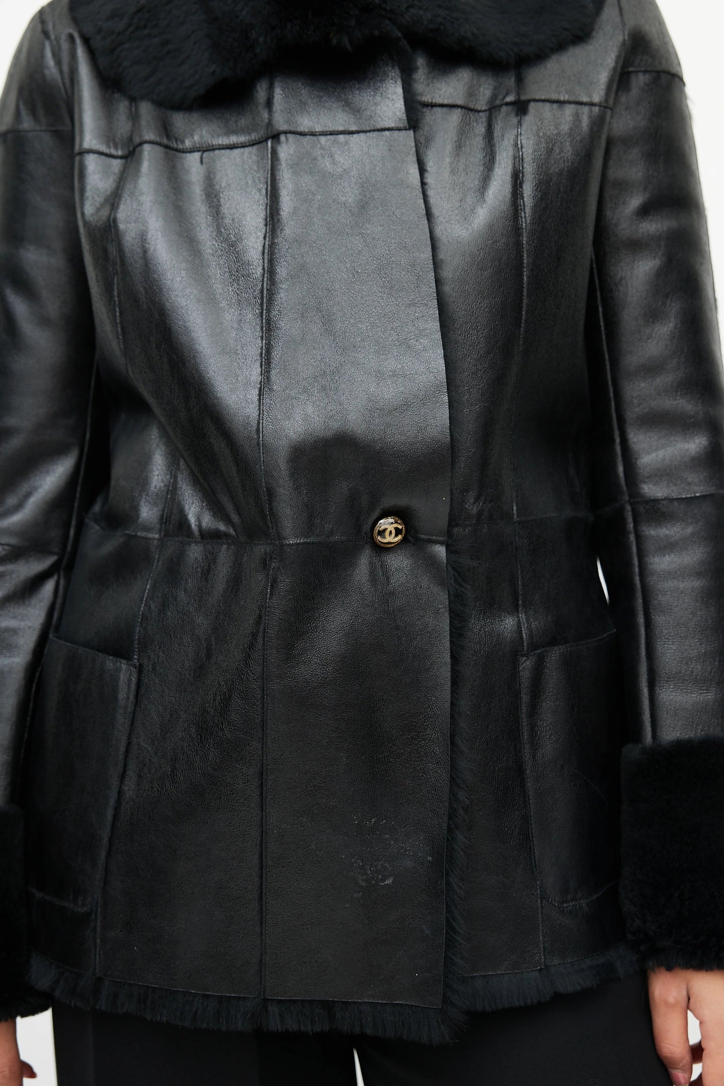 Chanel black lambskin leather jacket with shearling trim gold CC button label