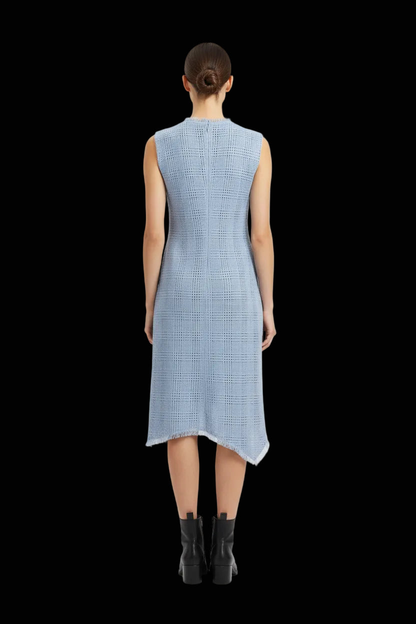 Versace V-neck midi dress in light blue angora back view showing concealed zip