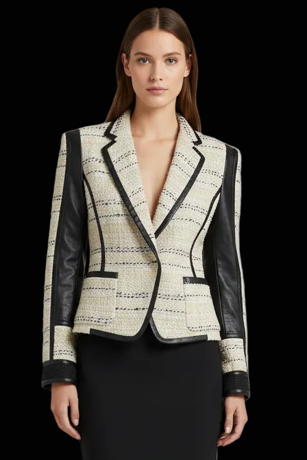 Barbara Bui boucle tweed blazer with leather sleeves in cream, black & yellow — rent from Laura Messerschmitt, Berlin stylist
