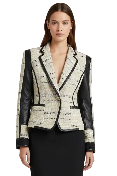 Barbara Bui boucle tweed blazer with leather sleeves in cream, black & yellow — rent from Laura Messerschmitt, Berlin stylist