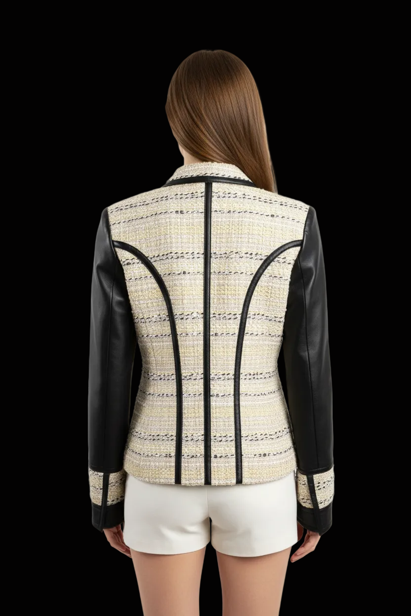 Barbara Bui — Boucle Tweed Blazer with Leather Sleeves in Cream, Black & Yellow