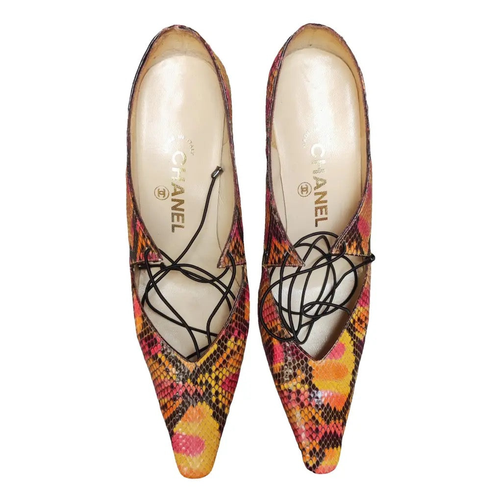 Chanel Spring/Summer 2000 Multicolour Python Lace-Up Pumps  Pink Orange Size 36.5