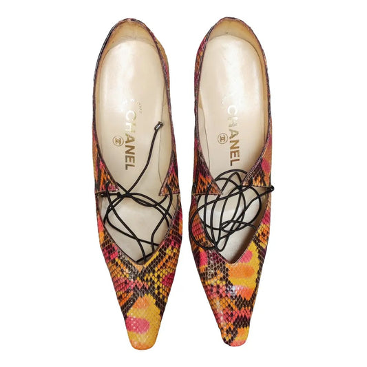 Chanel Spring/Summer 2000 Multicolour Python Lace-Up Pumps  Pink Orange Size 36.5