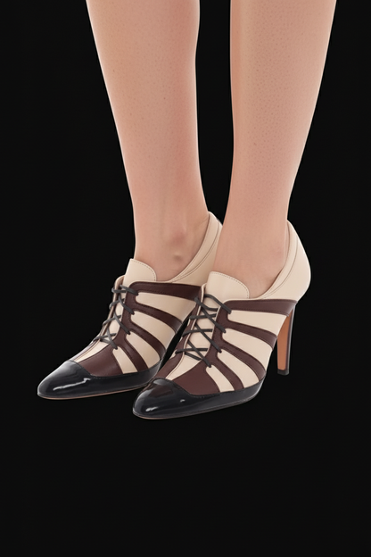 Manolo Blahnik tricolor lace-up ankle booties — rent from Laura Messerschmitt, Berlin stylist