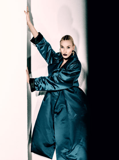 FENTY by Rihanna Oversized Padded Satin Coat – Size 38 – Peacock Teal