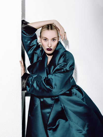 FENTY by Rihanna Oversized Padded Satin Coat – Size 38 – Peacock Teal