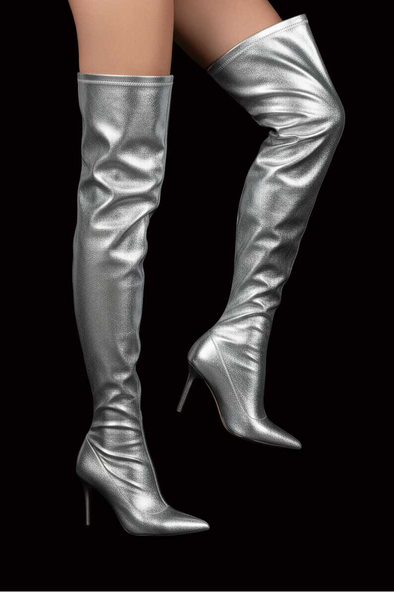 Paris Texas — Silberne Overknee-Stiefel mit Metallic-Effekt