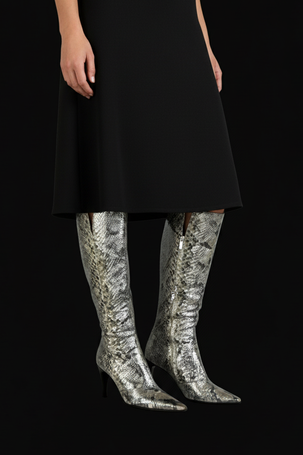 Sergio Rossi — Python Pearl-Effect Pointed Boots — detail view