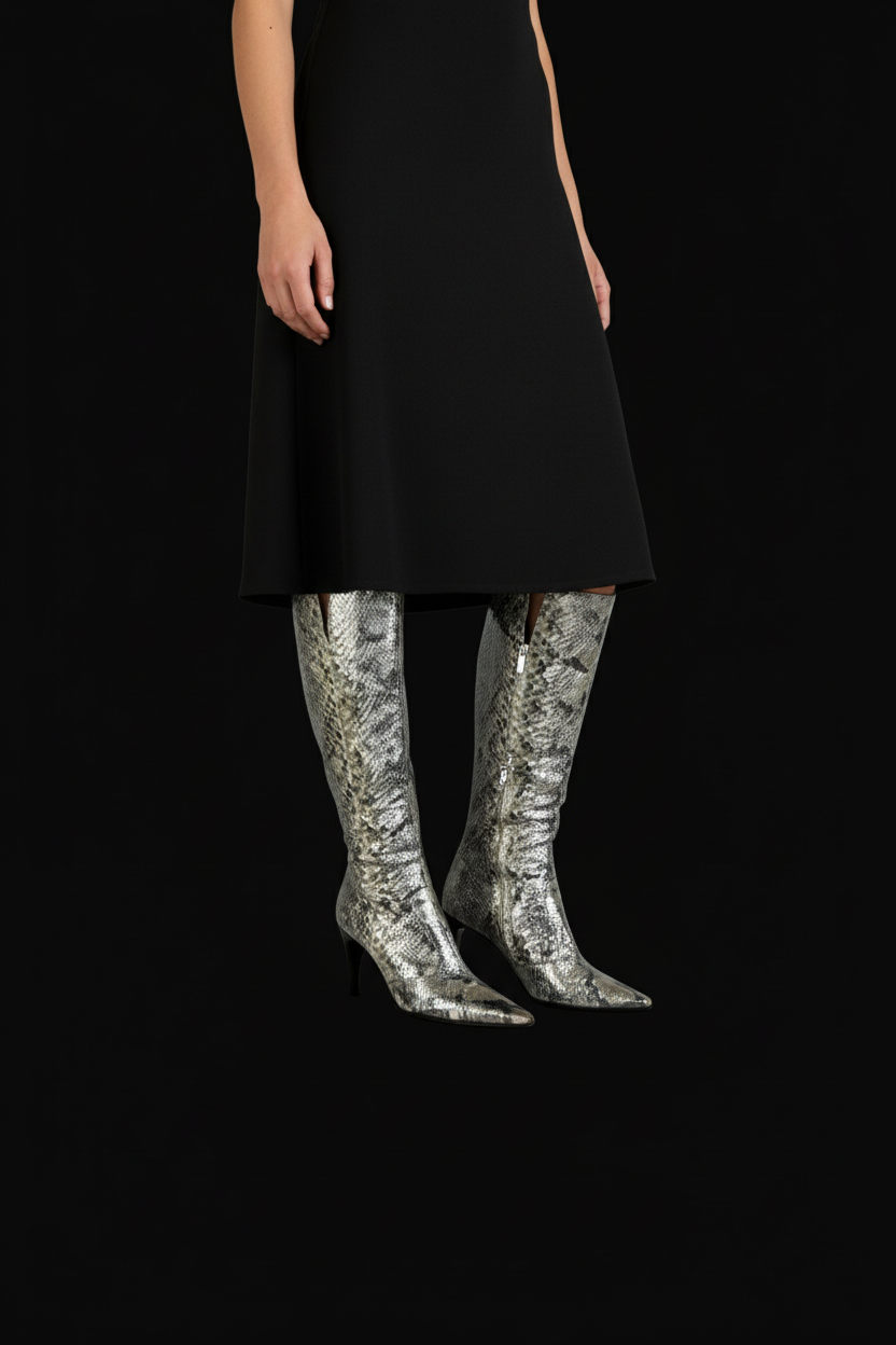 Sergio Rossi — Python Pearl-Effect Pointed Boots — editorial shoe shot