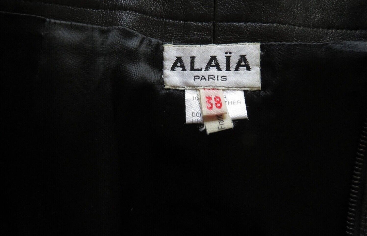 Alaïa Paris leather skirt label showing size 38 Made in France