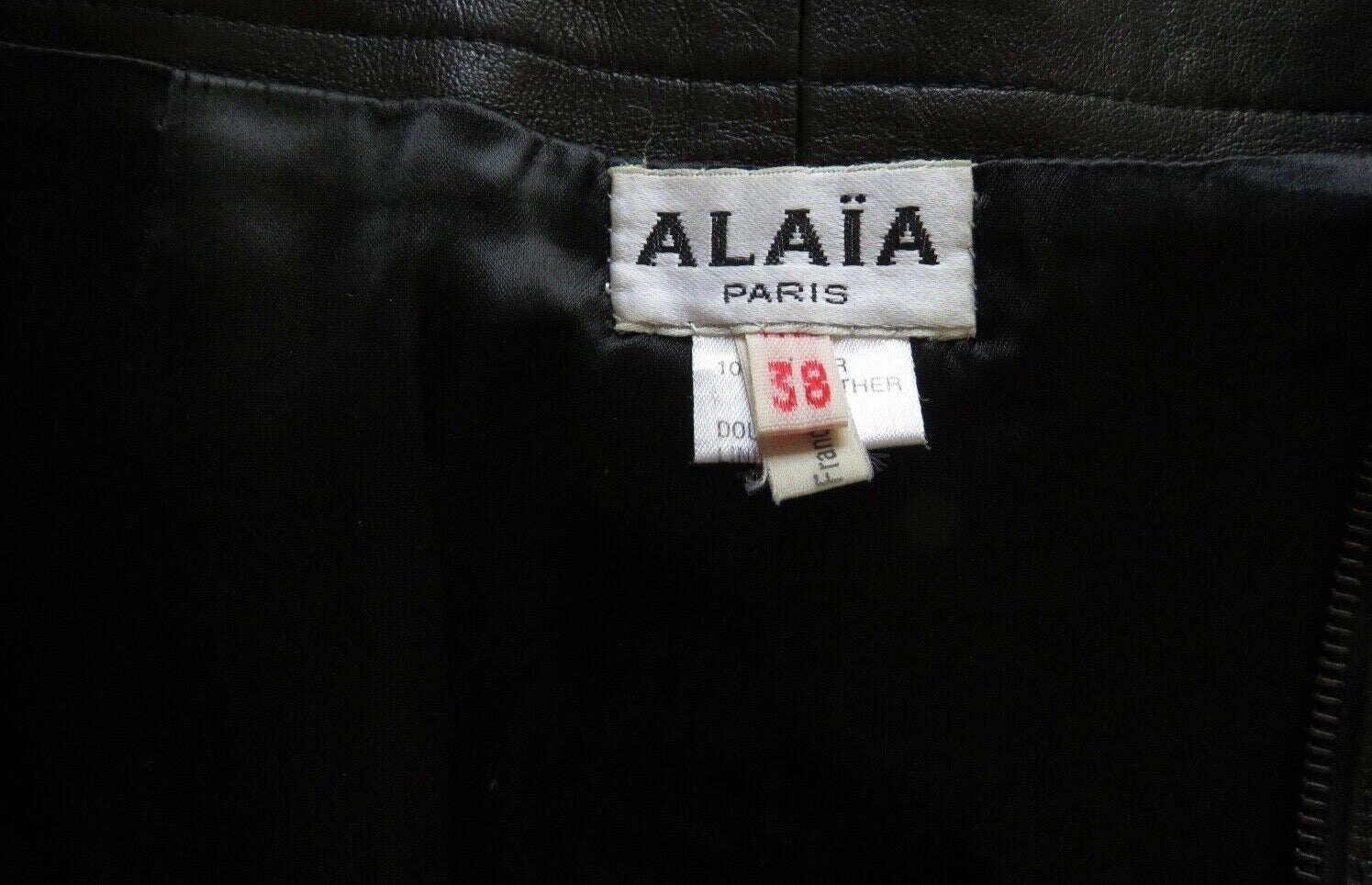 Alaïa Paris leather skirt label showing size 38 Made in France