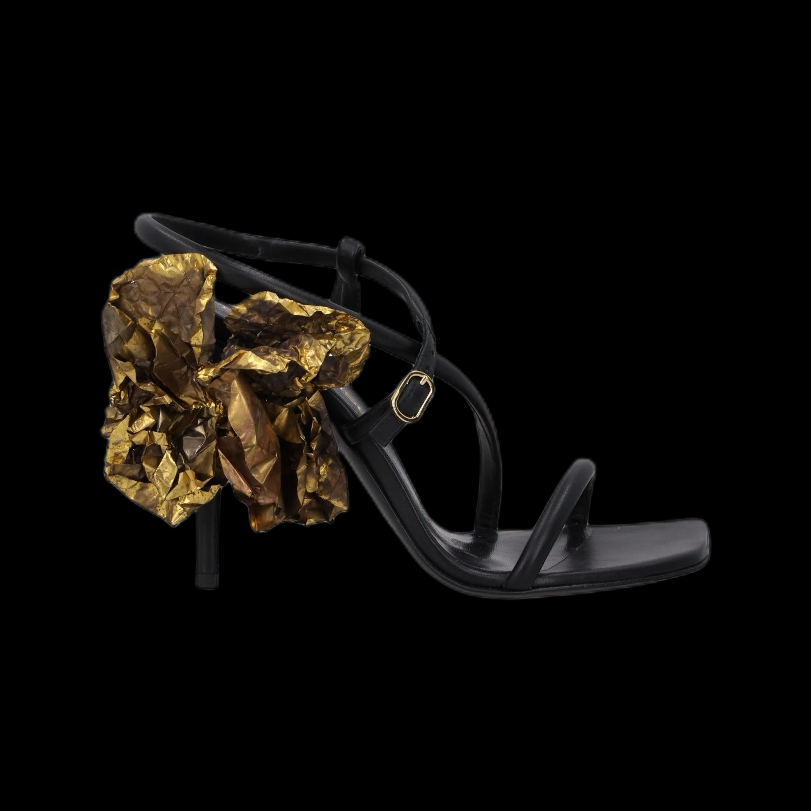 Bruno Frisoni — Black Leather Stiletto Sandals with Gold Flower — editorial black background