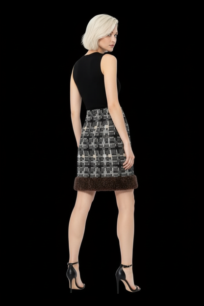 Chanel — 2005 Tweed A-Line Skirt with Rabbit Fur Trim — back view