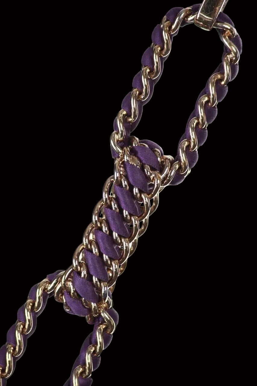 Dior Cannage bag chain strap close-up — gold links woven with purple leather