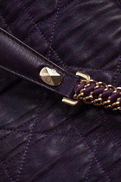 Dior Cannage bag hardware detail — gold stud closure on quilted purple lambskin