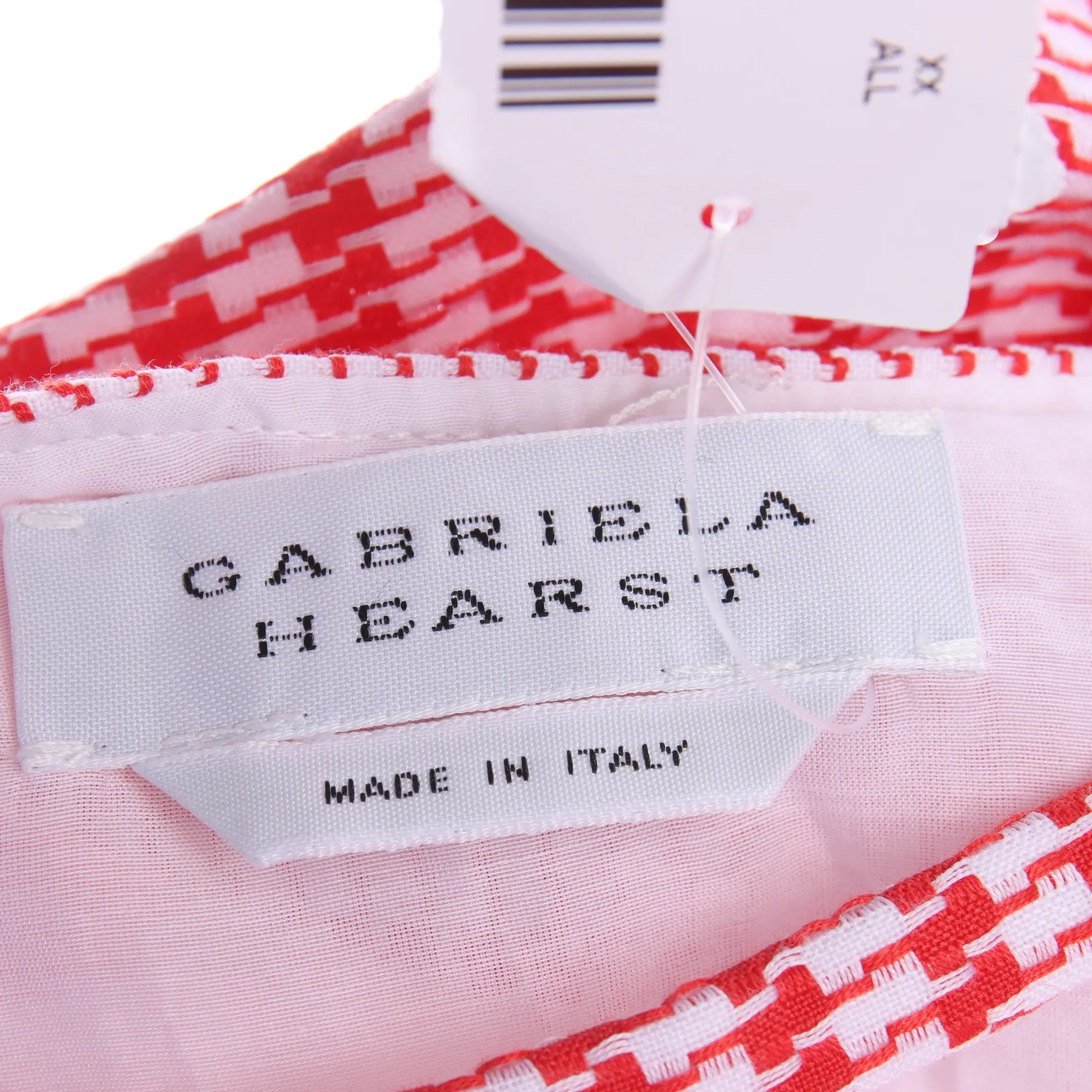 Gabriela Hearst dress close-up of red and white houndstooth fabric and button detail