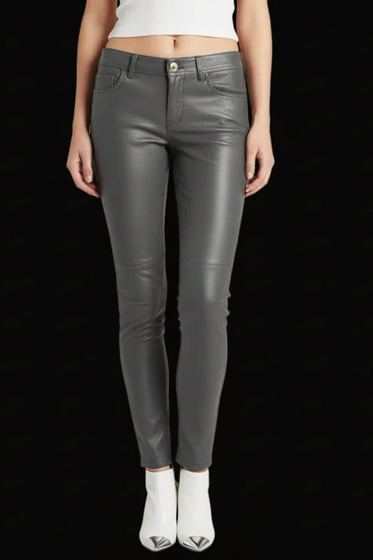 Closed khaki lambskin leather skinny trousers front view on mannequin