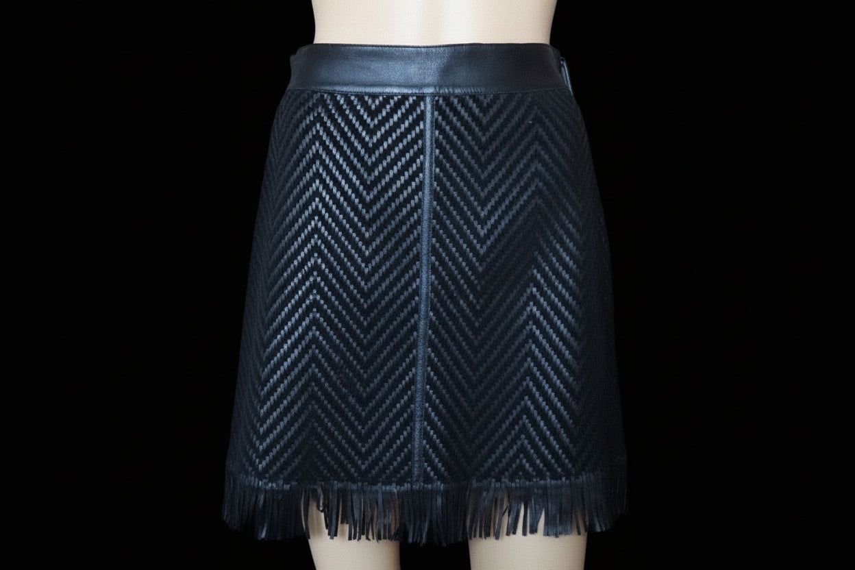 Longchamp black braided leather skirt chevron pattern front view — Laura Messerschmitt Berlin