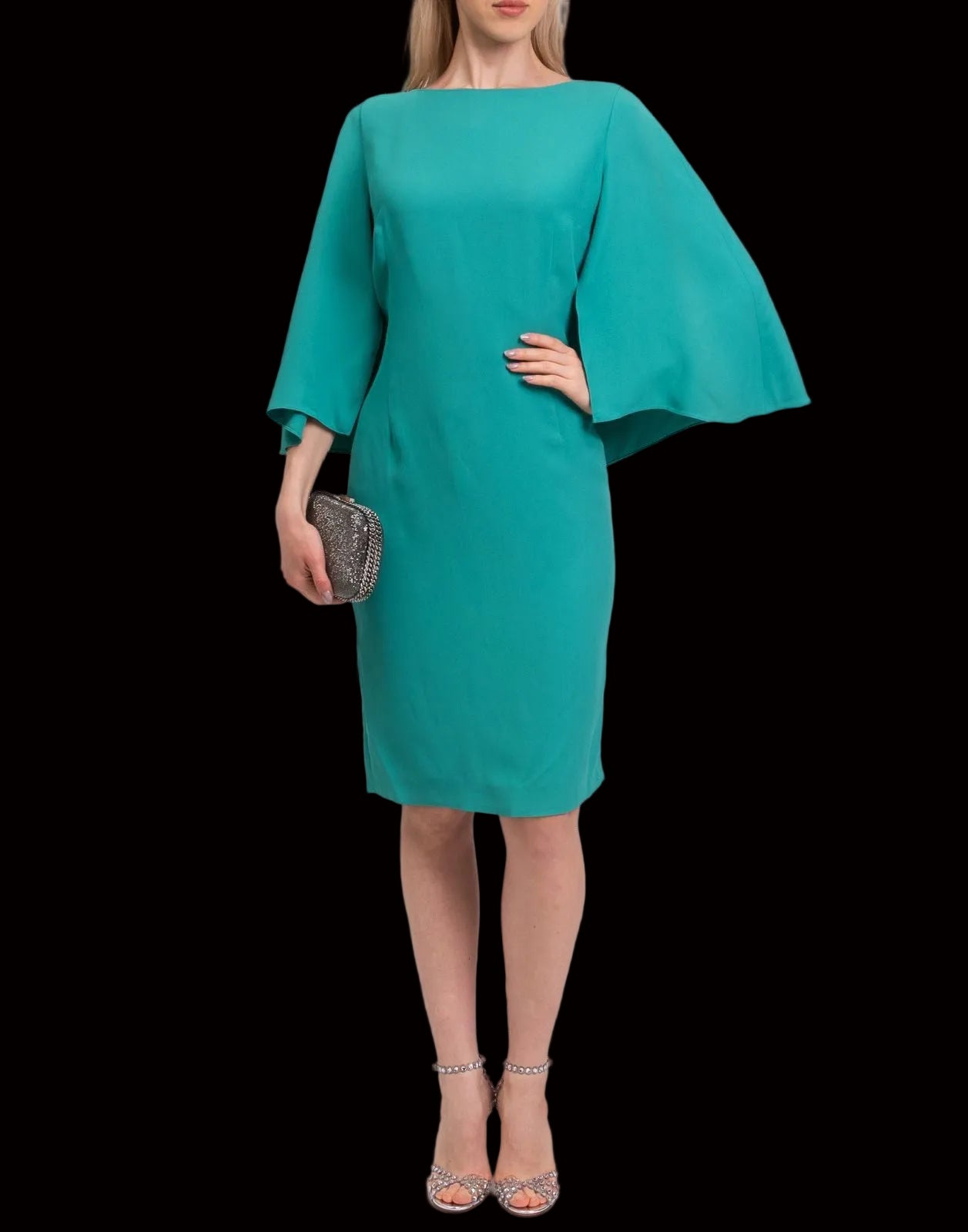 Ivan Montesi teal cape cocktail dress — rent from Laura Messerschmitt, Berlin stylist