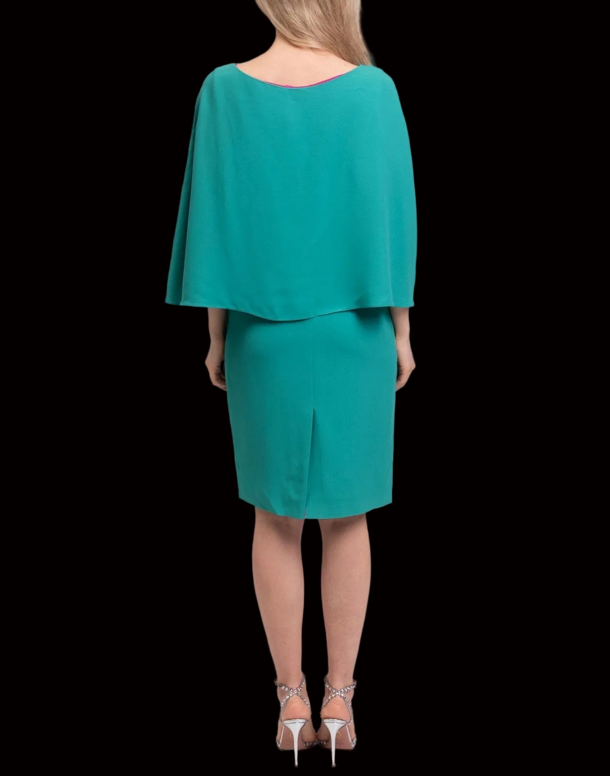 Ivan Montesi cape dress fabric detail showing fuchsia silk lining at zip