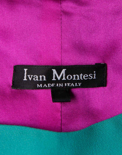 Ivan Montesi teal cape dress front view on model showing boat neckline