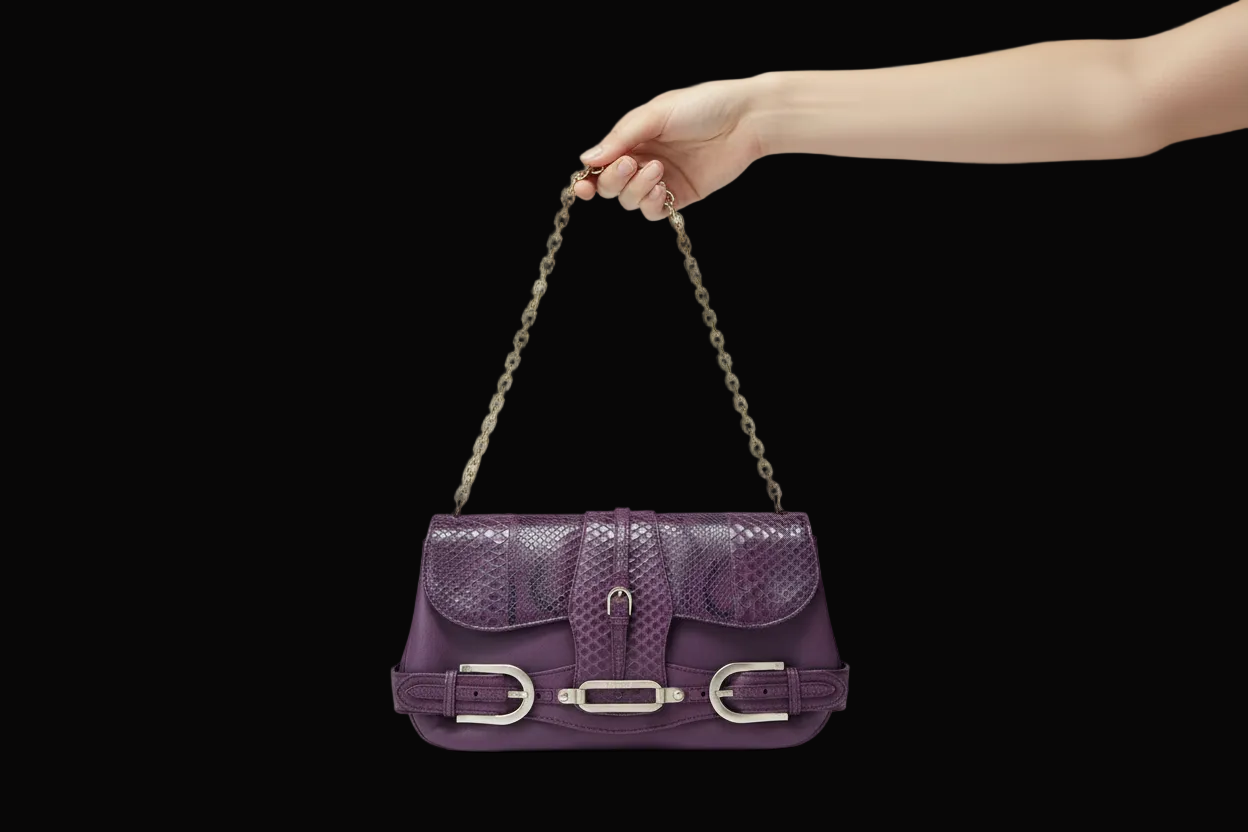 Jimmy Choo python leather bag in bordeaux — rent from Laura Messerschmitt, Berlin stylist