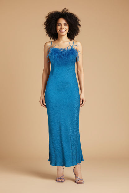 Kunsthändler teal silk feather-trim midi dress on model