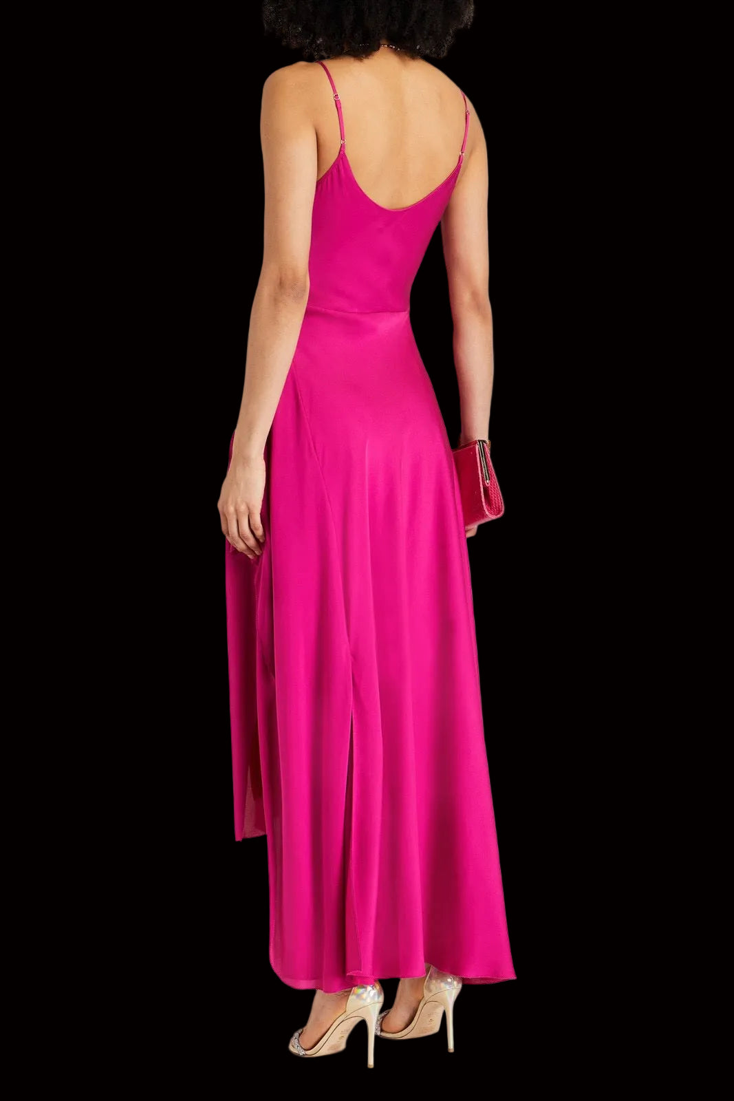 Nicholas fuchsia silk chiffon draped maxi dress with low scoop back and spaghetti straps rear view