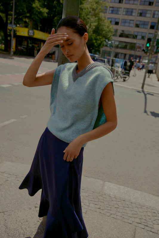 Hermès — Cotton Two-Piece Set: Shirt-Tunic with Ruffled Cuffs + -Hem Skirt in Navy